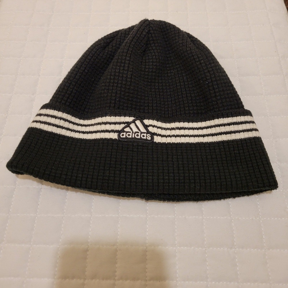 Y2K Adidas Climawarm Beanie Mens Black White Striped Ribbed Knit Hat Winter Nice